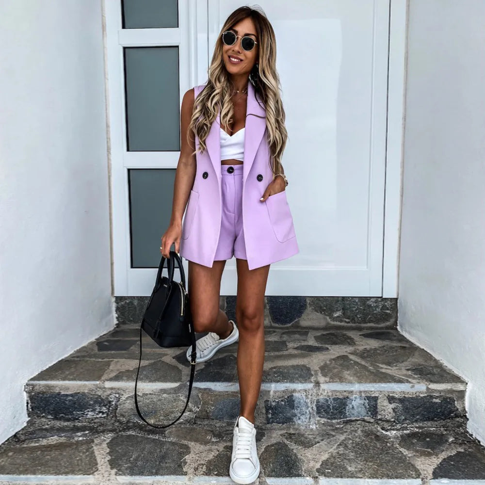 Womens 2 Piece Sets Tracksuits Blazer Sleeveless + Shorts Pokcets Jacket Coat Office Ladies Double Button Short Pants Vest Suits