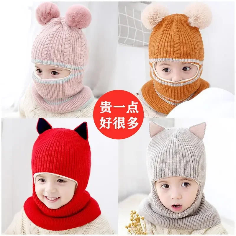 Beanies Baba Ring Hoed Pompom Winter Kinder Hoede Gebreide Oulike Mus vir Baba Dogters Seuns Warm Fleece Voering Oorflap Doppies vir Kinders