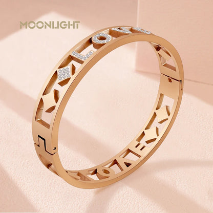 MOONLIGHT Rose Golden Retroflex Pattern Hollow-out Titanium Steel Bangles for Woman LOVE Fashion Accessories Party Jewelry Gifts