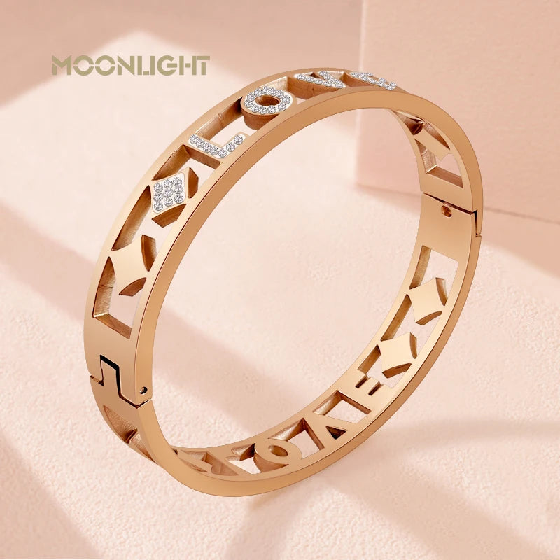 MOONLIGHT Rose Golden Retroflex Patroon Uitgehol titanium staal armbande vir vrou LIEFDE Mode-bykomstighede Partytjie Juweliersware Geskenke