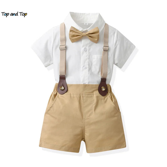 top and top New Toddler Boys Gentleman Clothing Sets Short Sleeve Bowtie Shirt Tops+Suspenders Shorts Kids Boy Clothes Outfits