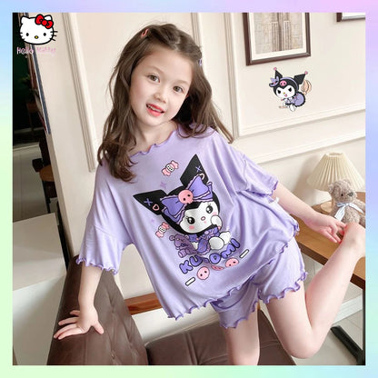 Cinnamoroll Kuromi Girl Summer New Thin Style Pajamas Sanrioed Anime Melody Cartoon Short Sleeved Shorts Kawaii Kids Homewear