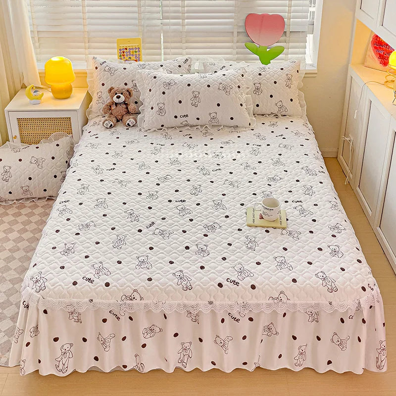 Bonenjoy Bed Skirt Cartoon Style Bed Cover Ruffled Bedsheet falda de cama Quilted Mattress Covers Lace Bedspread (No Pillowcase)