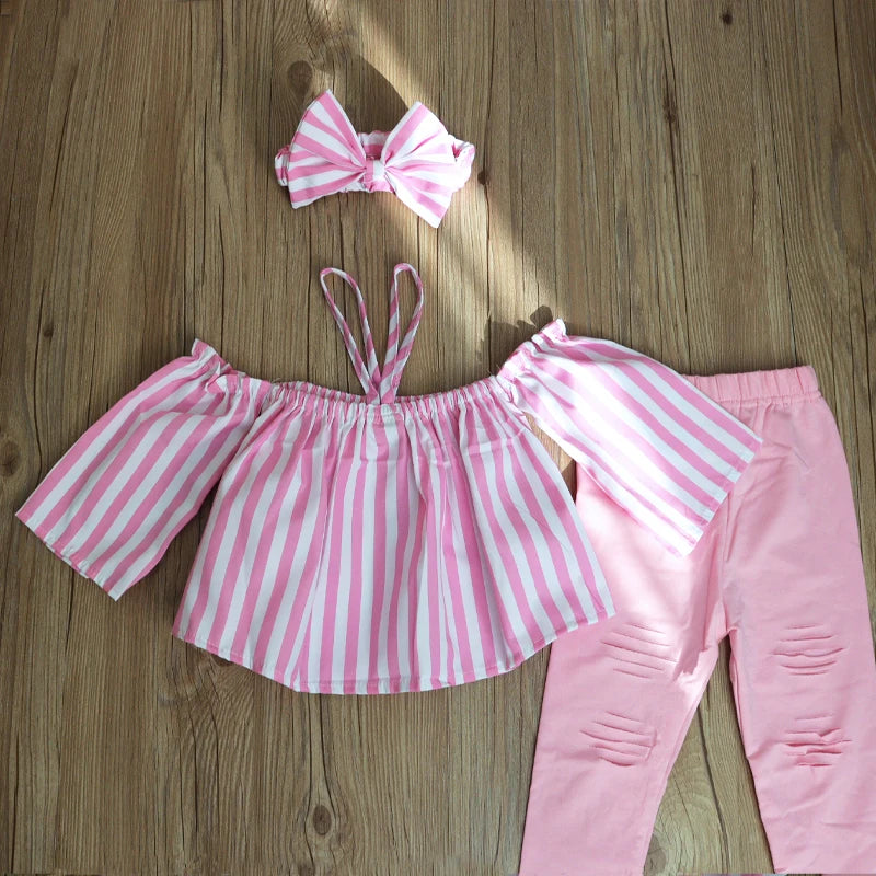 Digi Store 1-7Y Fashion Children Kids Girl 3Pcs Summer Outfit Off Shoulder Stripe Tops+Ripped Pants+Headbands Set Outfit Kid Girls Clothes