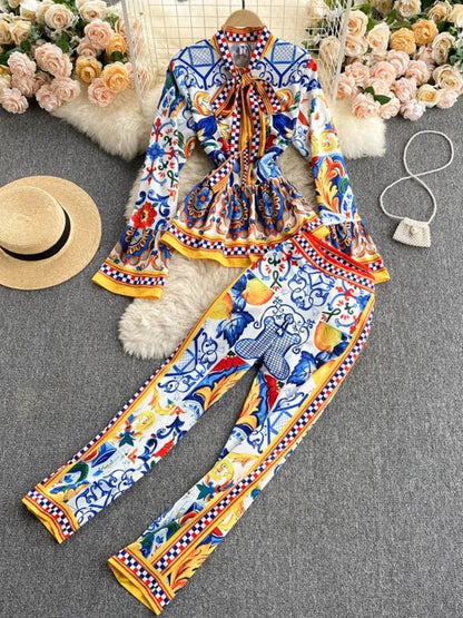 Vintage Painted Flower Print Runway Pants Suit Sets Women's Flare Sleeve Bow Collar Ruffles Pullover Top+Pencil Pants Two Pieces