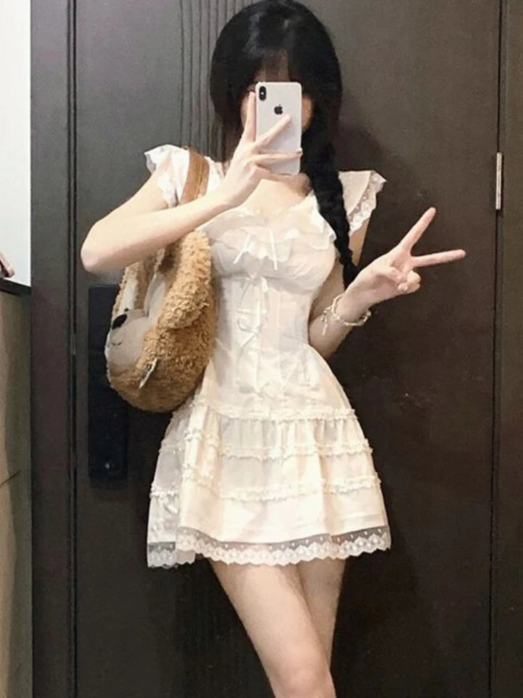 QWEEK Y2k Coquette White Lolita Sweet White Kwaii Cute Mini Dress Women Lace Bow Princess Slip Lace Short Dresses 2024 Fashion