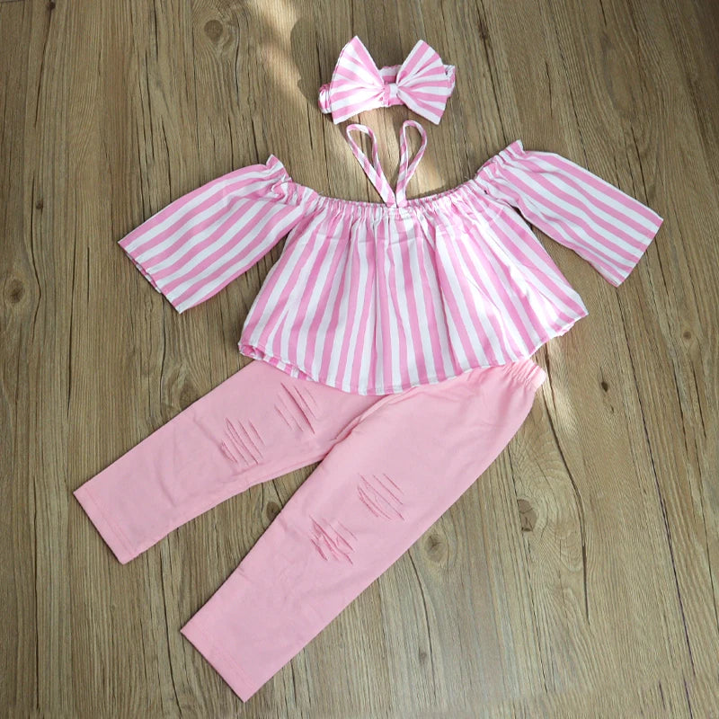 Digi Store 1-7Y Fashion Children Kids Girl 3Pcs Summer Outfit Off Shoulder Stripe Tops+Ripped Pants+Headbands Set Outfit Kid Girls Clothes