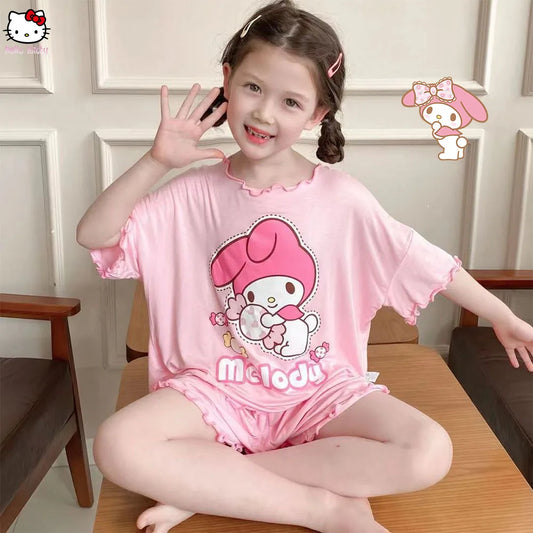 Cinnamoroll Kuromi Girl Summer New Thin Style Pajamas Sanrioed Anime Melody Cartoon Short Sleeved Shorts Kawaii Kids Homewear