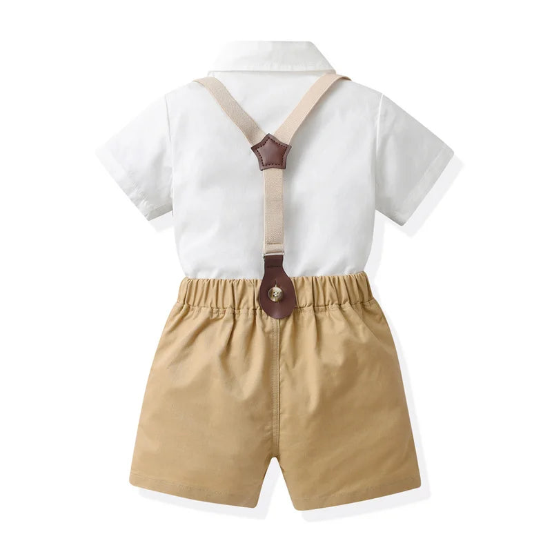 top and top New Toddler Boys Gentleman Clothing Sets Short Sleeve Bowtie Shirt Tops+Suspenders Shorts Kids Boy Clothes Outfits