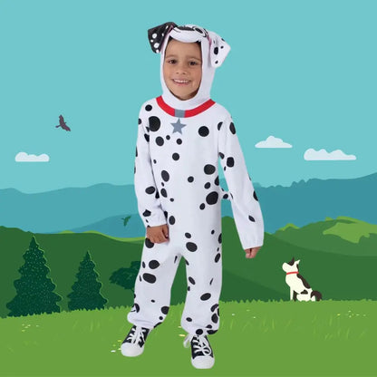 Kinders unisex aanbiddelike Polyester Plush Spotprent Dalmatians Honde Jumpsuit Kostuum vir Halloween Fancy-dress up Party