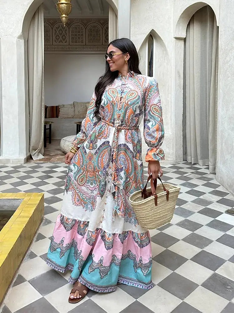 Vintage Printed Patchwork Maxi Dresses Women Causal Loose V Neck Long Lantern Sleeve Long Dress Chic Female Vacation Beach Robes