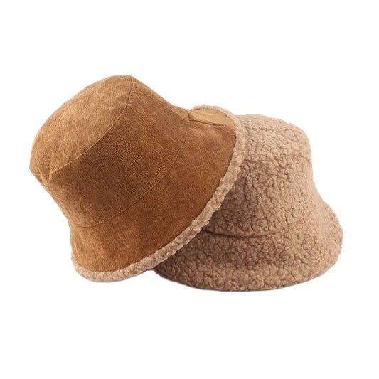 Unisex Harajuku Corduroy Emmer Hoed Mans Omkeerbare Visser Hoed Herfs Winter Lamswol Buitelug Warm Panama Cap Vir Vroue