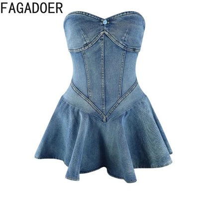 FAGADOER Y2K Straat Soet Plooi Denim Tube Mini Rok Vroue Hoë Kwaliteit Elastiese Mouwlose Ruglose Vestidos Mode Straatdrag 