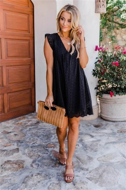 2023 California Romper V-neck Summer Short Sleeve Lace Dress Hollow Casual Dress Women Party Dresses Ladies Summer Dress Women