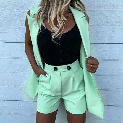 Womens 2 Piece Sets Tracksuits Blazer Sleeveless + Shorts Pokcets Jacket Coat Office Ladies Double Button Short Pants Vest Suits