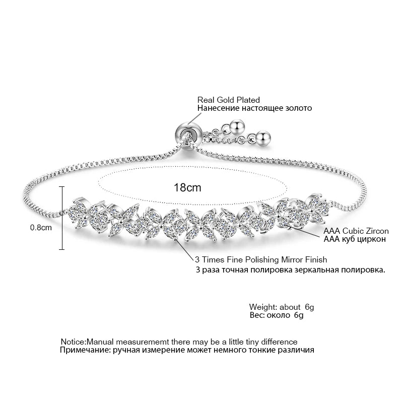 Classic Shiny Clear Zircon Flowers Adjustable Charm Bracelets for Women Sliver Color Fashion Wedding Jewelry