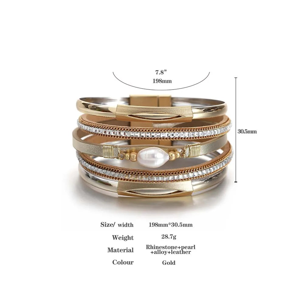 ALLYES Fashion Irregular Pearl Leather Bracelets Charm Multilayer Rhinestone Chain Metal Tube Wrap Wide Bracelet Unisex Jewelry