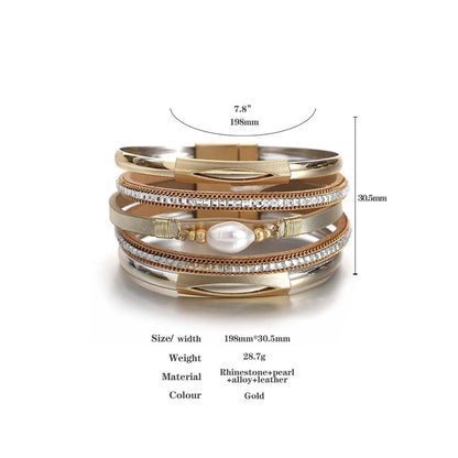 ALLYES Fashion Irregular Pearl Leather Bracelets Charm Multilayer Rhinestone Chain Metal Tube Wrap Wide Bracelet Unisex Jewelry