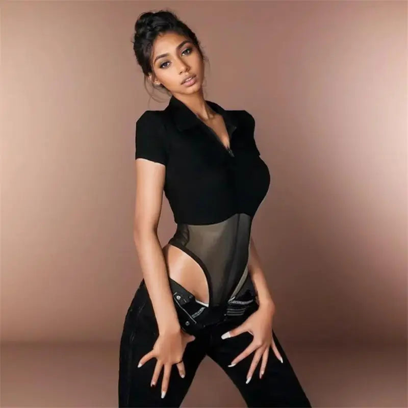 Women Short Sleeve Top Perspective Mesh Bodysuit Jumpsuit Woman Clothing Black Solid Zip Sexy Summer Street Y2k Bodysuit Black