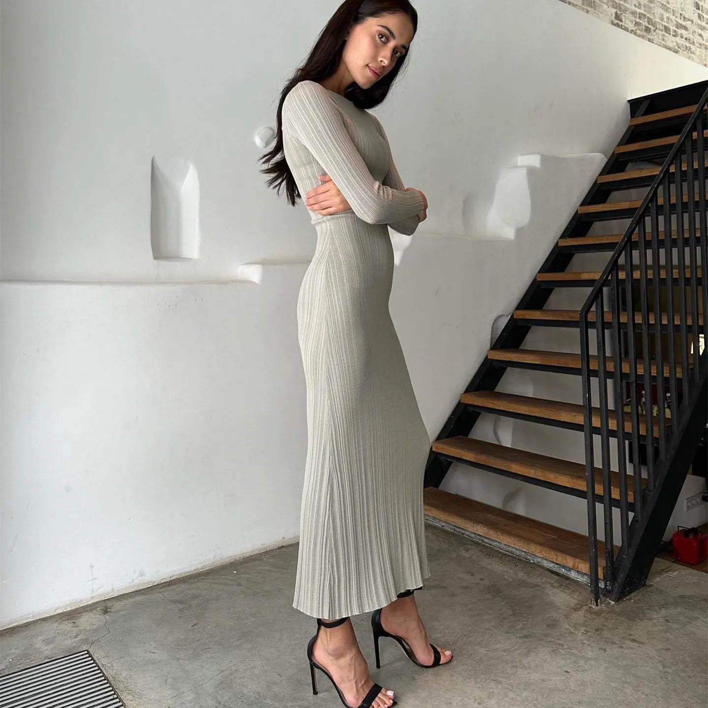 hirigin Long Sleeve Slim Knit Maxi Dress For Women High Waist Casual Fashion Elegant Party Dress Skinny Summer Female Dress