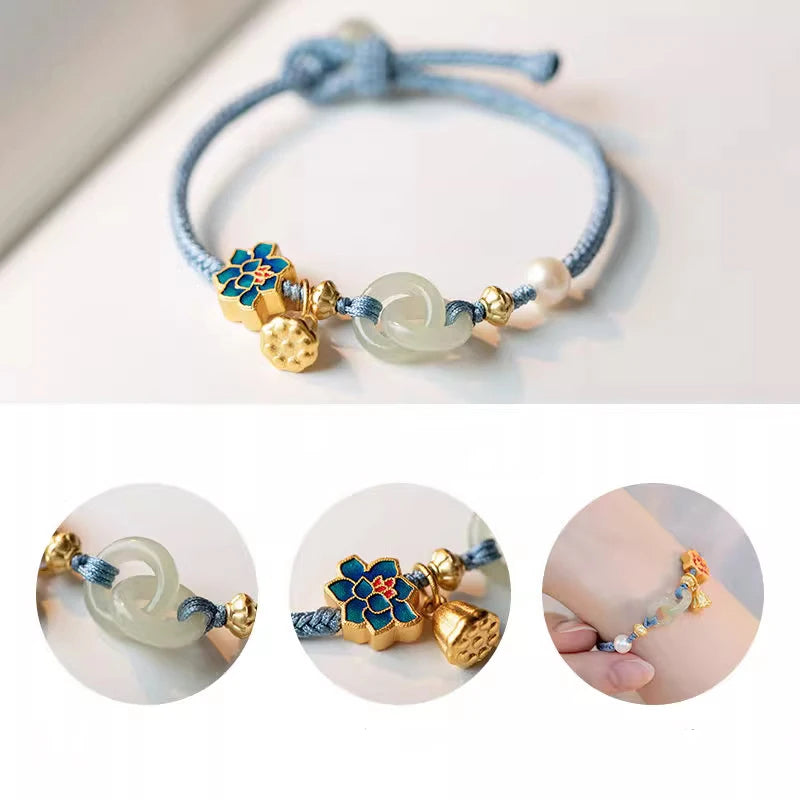 Fashion Retro Imitation Jade Ping An Buckle Couple Bracelets For Women Men Chinese Lotus Flower Lucky Hand Chain Jewelry Gift