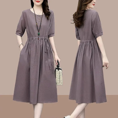 Summer Solid O Neck Pocket Drawstring Midi Dress Women Fashion 2022 Korean Elegant Cotton Linen Casual Loose Comfortable Dresses