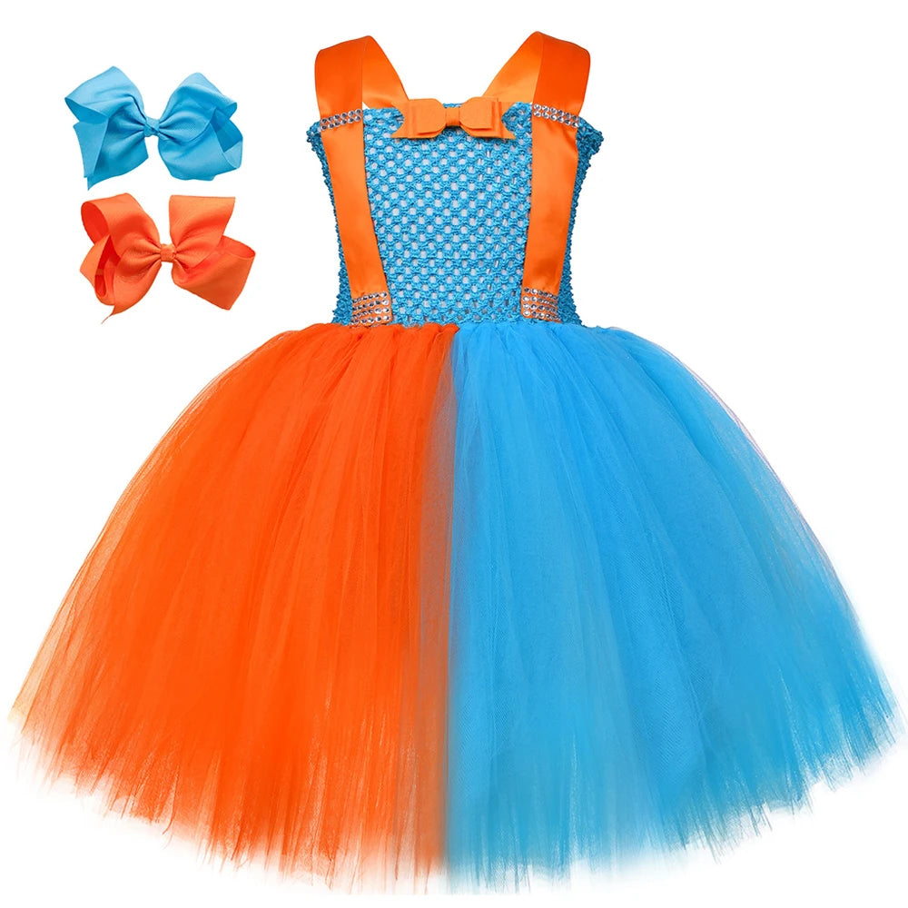 Baby Girls English Cartoons Blippi Dress Up Costumes for Kids Orange Skyblue Tutu Outfit with Hat Glasses Suspenders Clothes Set