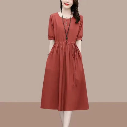 Summer Solid O Neck Pocket Drawstring Midi Dress Women Fashion 2022 Korean Elegant Cotton Linen Casual Loose Comfortable Dresses