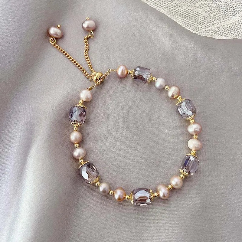 Vintage Purple Imitation Pearl Bracelet for Women Girls Fashion Design Crystal Adjustable Chain Bracelet Jewelry Gifts