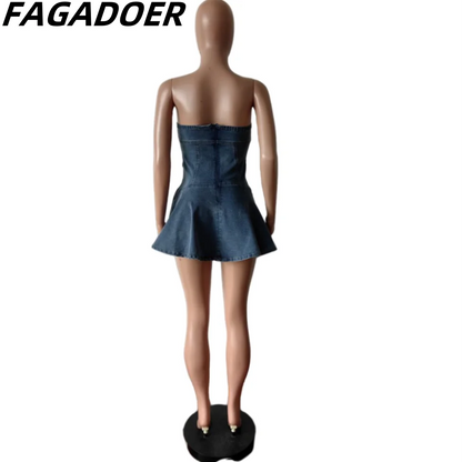 FAGADOER Y2K Straat Soet Plooi Denim Tube Mini Rok Vroue Hoë Kwaliteit Elastiese Mouwlose Ruglose Vestidos Mode Straatdrag 