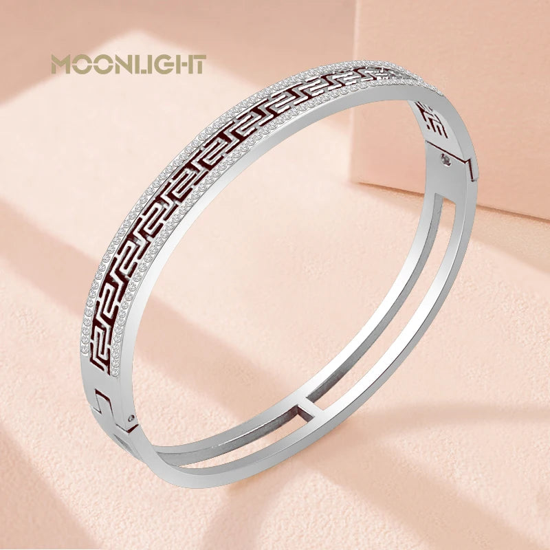 MOONLIGHT Rose Golden Retroflex Patroon Uitgehol titanium staal armbande vir vrou LIEFDE Mode-bykomstighede Partytjie Juweliersware Geskenke