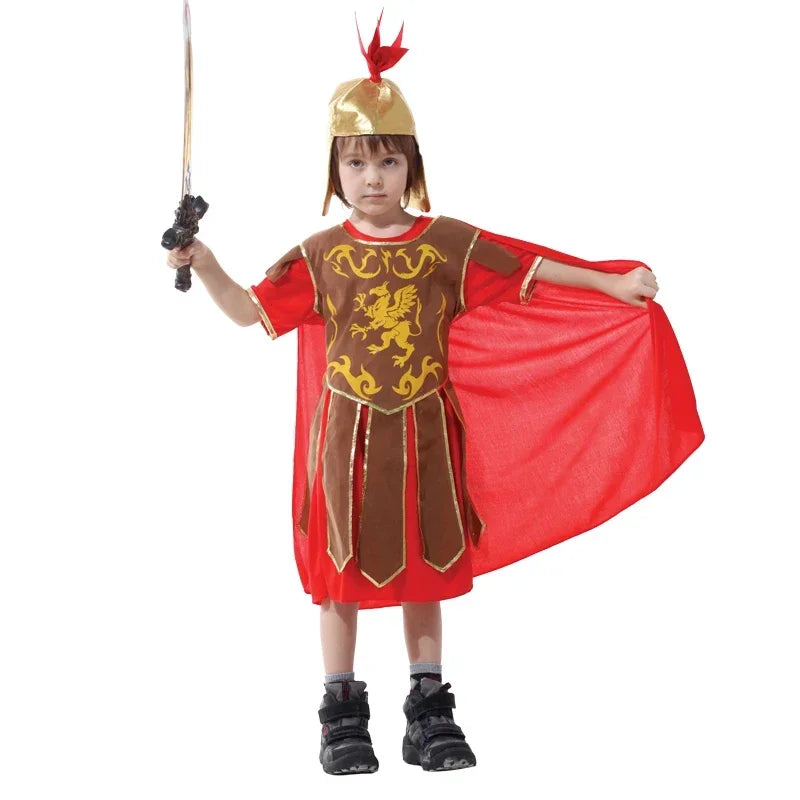 Kids Boys Royal Warrior Knight Costumes Soldier Children Medieval Roman Attached Cape Carnival Party No Weapon