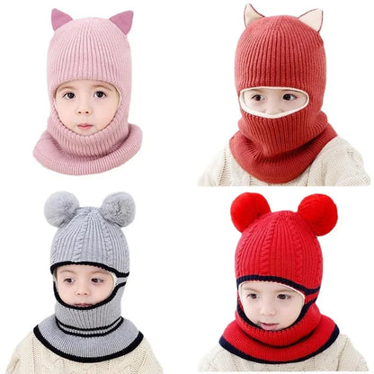 Beanies Baba Ring Hoed Pompom Winter Kinder Hoede Gebreide Oulike Mus vir Baba Dogters Seuns Warm Fleece Voering Oorflap Doppies vir Kinders