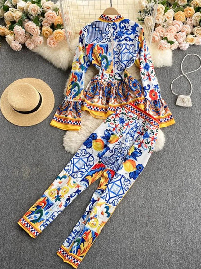 Vintage Painted Flower Print Runway Pants Suit Sets Women's Flare Sleeve Bow Collar Ruffles Pullover Top+Pencil Pants Two Pieces