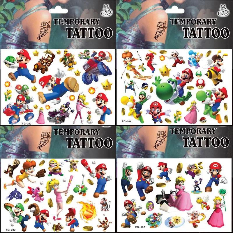 Mario Tattoo Stickers Waterproof Cute Mario Sticker Anime Birthday Party Supplies Decoration For Kids Women Men Gifts