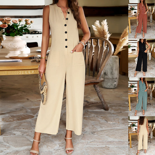 Woman  Digital Store  Fashion Sleeveless Jumpsuit With Button Design Casual Temperament Wide Leg Pants For Womens Clothing