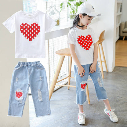 Meta Digital Store Girls Clothes Girls White T-shirt Ripped Jeans Kids Suit