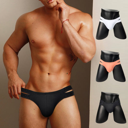 Sexy Side Double Belt Briefs Men's National Style Embossed Pattern High Slit Sports Low Waist