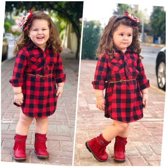 Meta Digital Store Girls Clothes Fashion Girls Long Red Plaid Dress With Belt