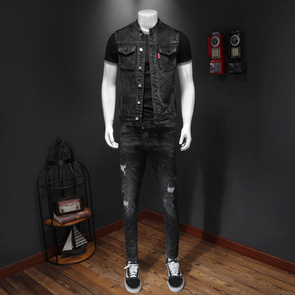 Meta Digital Store Harley Motorfiets Mans Uniform Swart Stand-up Kraag Plus Size Denim Vest