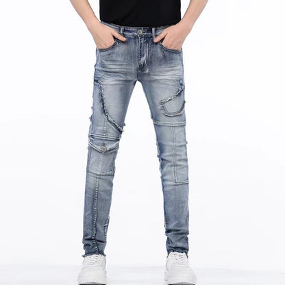 Meta Digital Store Jeans Distressed Raw Hem Ripped Stitching Stretch Denim Trousers