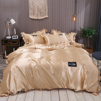 Suiwer Kleur Gewasde Sy Bedlaken Ys Sy Vierdelige Bedlaken Duvet Cover