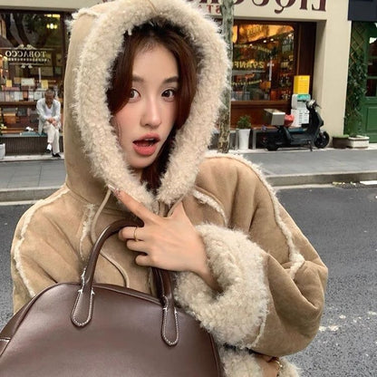 Woman  Digi Store  Hooded Suede Fur Lamb Warm Leisure Slimming Coat