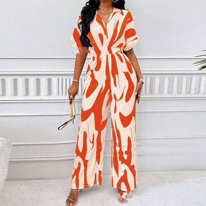 Meta  Digital Store  V-neck Loose Printed Long Jumpsuit