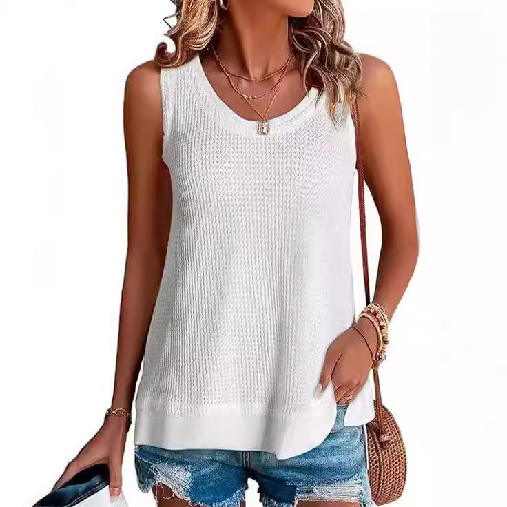 Women Sleeveless Waffle Patchwork Knitting Solid Color Loose Vest