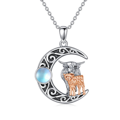 Meta Mother Mother Kids Highland Cow Moon 925 Sterling Silwer Halssnoer Met Maansteen