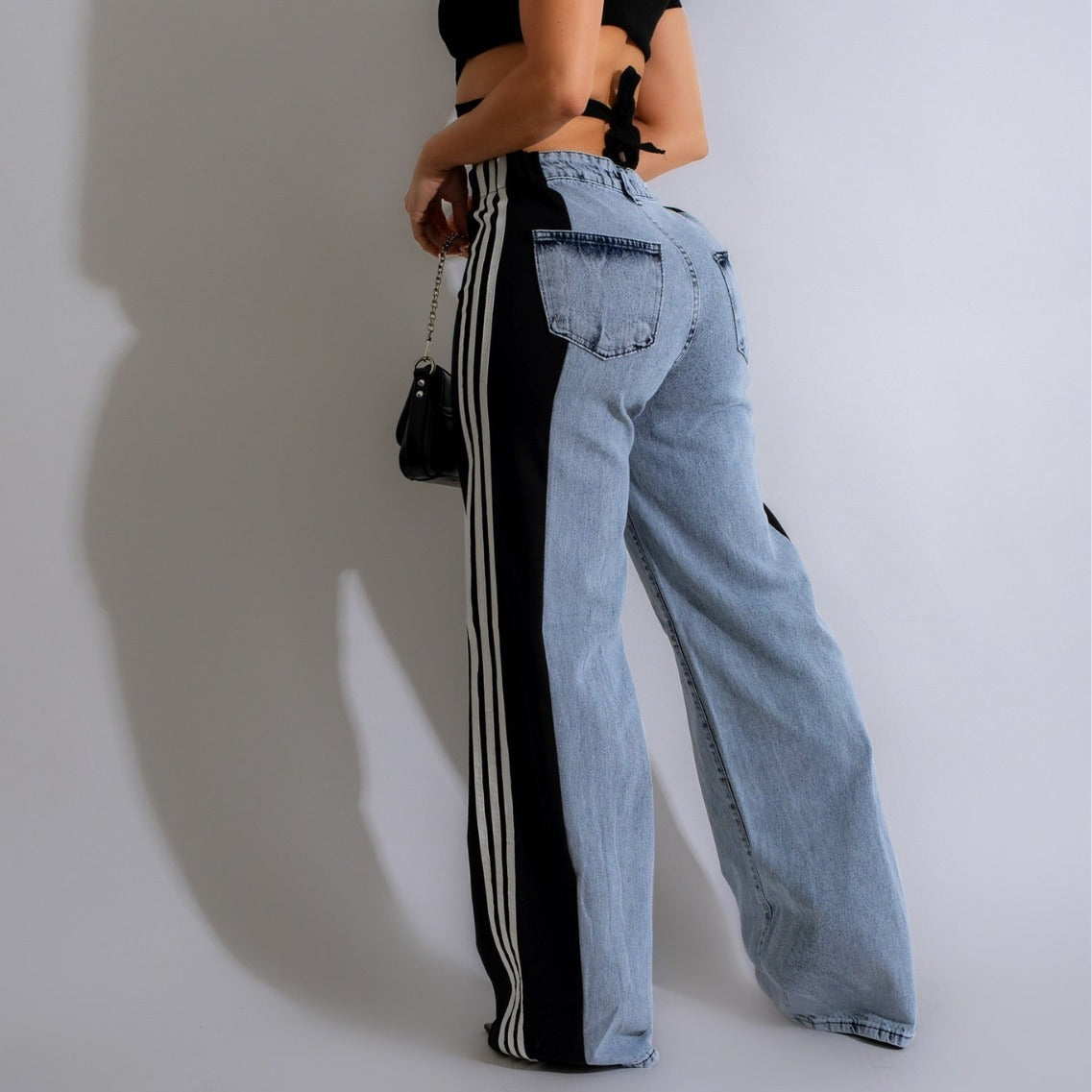 Meta  Digital Store  2024 Fashion Casual High Waist Elastic Straight Leg Trousers Three Stripe Patchwork Denim Wide Leg Pants Streetwear