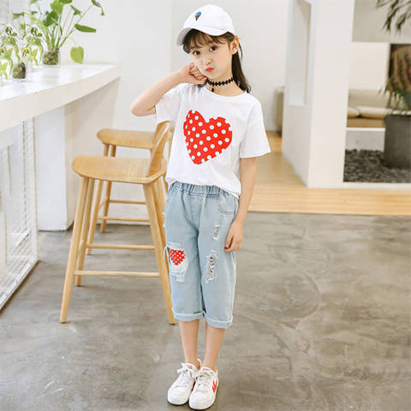 Meta Digital Store Girls Clothes Girls White T-shirt Ripped Jeans Kids Suit