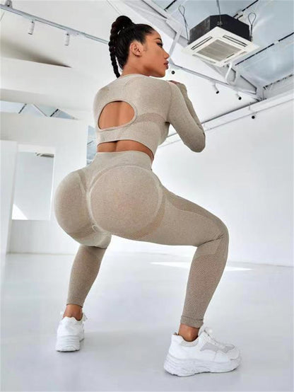 Meta  Woman Fashion  2pcs Sports Suits Long Sleeve Hollow Design Tops And Butt Lifting High Waist Seamless Fitness Leggings Sports Gym Sportswear Outfits Clothing