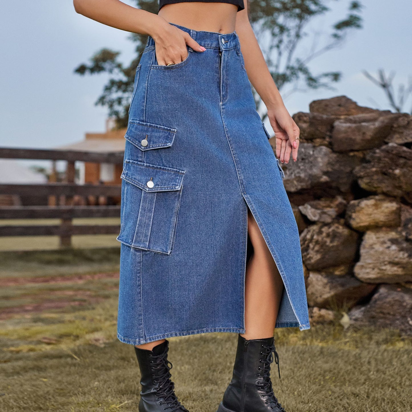 Women's Denim Cargo Pants Casual Skirt